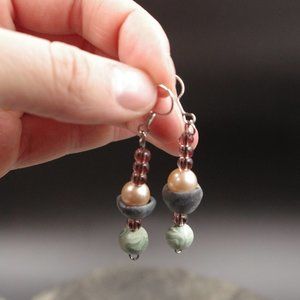 Boho Dangle Beaded Earrings with Pearls and Handmade Polymer Clay Beads